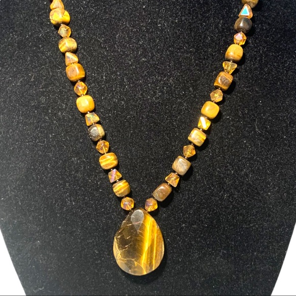 Chatoyant Tigers Eye Gemstone Necklace with Amber Coloured Beads Large - Picture 2 of 4